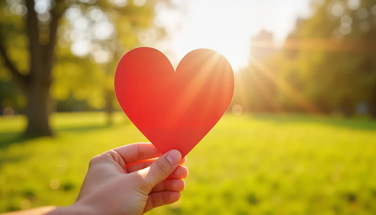 Hand hält einen roten Herz-Papierausschnitt vor einem hellen Sonnenuntergang in einem Park, der Liebe und Zuneigung symbolisiert