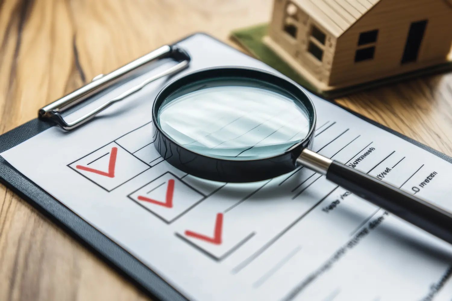Lupe über Checkliste mit Hausmodell